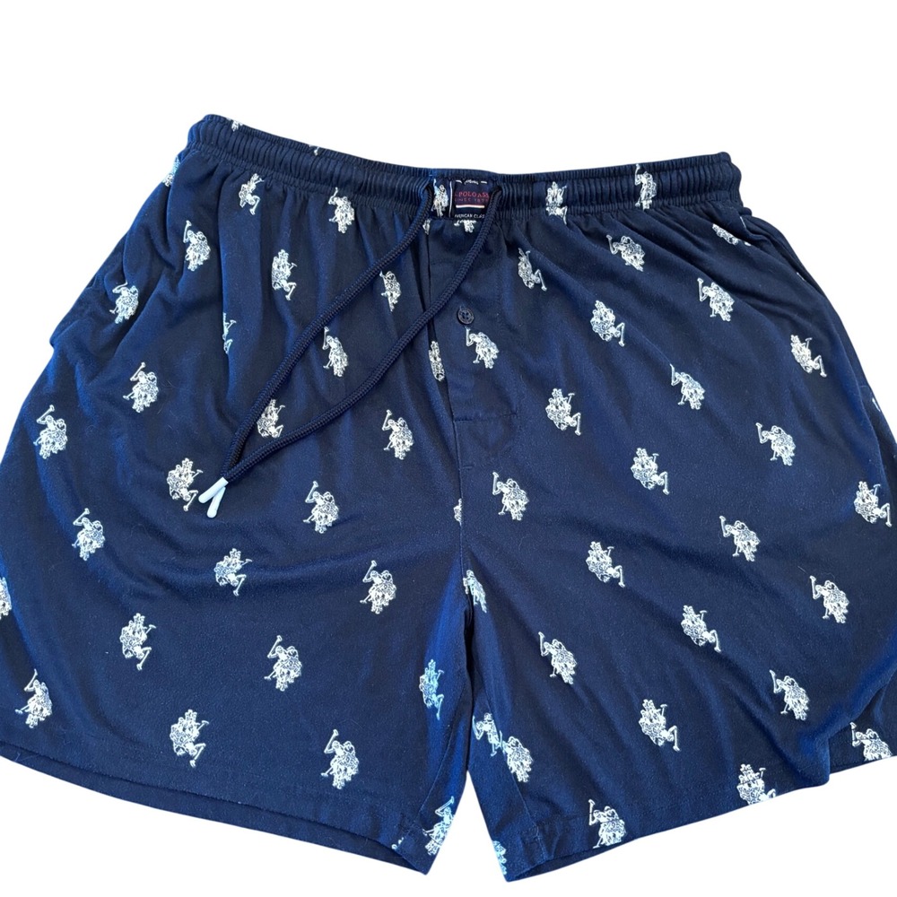 US Polo Assn Mens Navy Blue Logo Print Sleep Shorts Drawstring Lounge Large